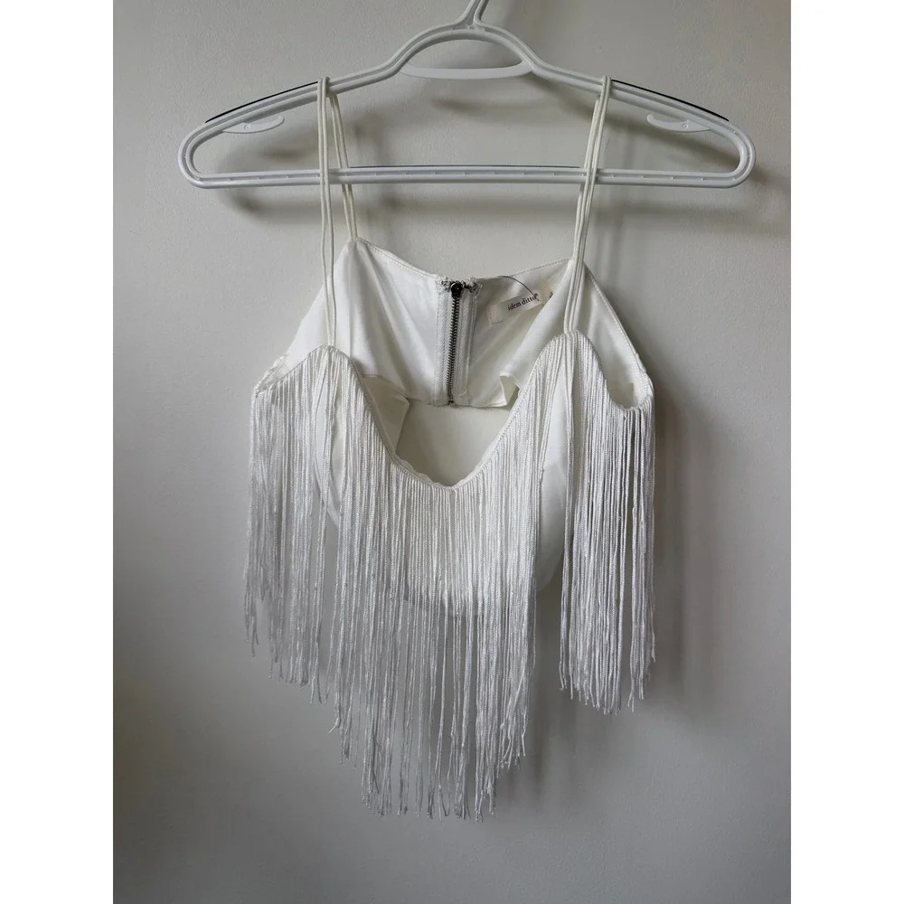 Idem Ditto White Fringe Crop Top Spaghetti Strap Back Zip Cutout Festival Mens M